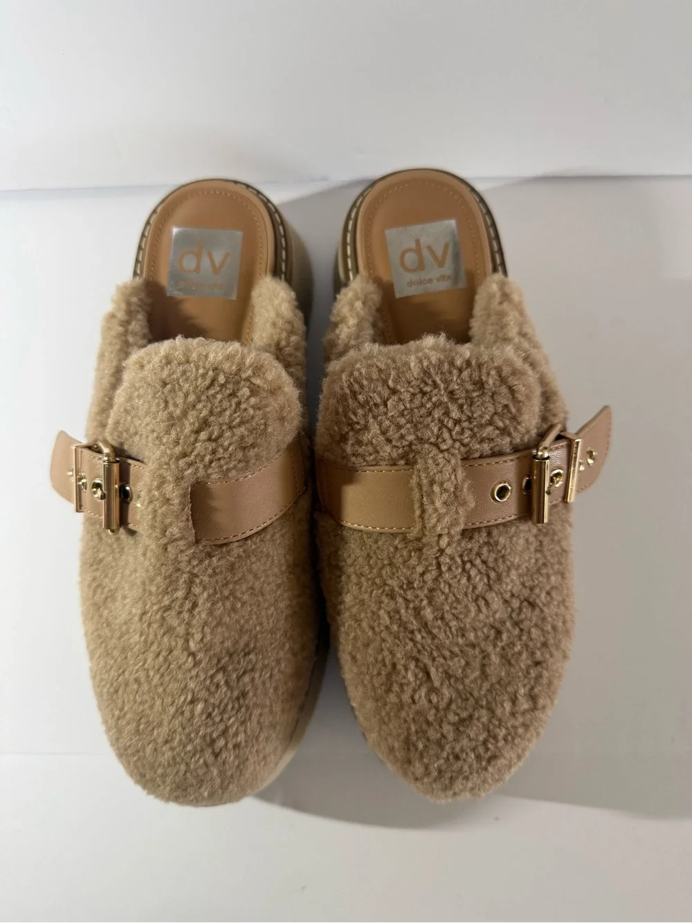 Dolce Vita  women Tan Faux-Shearling Slip-On Mules with Gold Buckle size 7